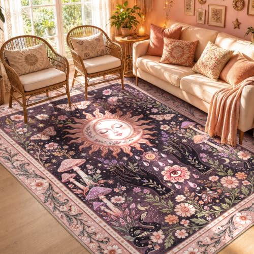 6x9 Black and Pink Area Rug Living Room Bedroom, Washable Boho Gothic Rug by YIHOUSE