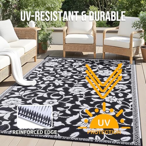 OLANLY Outdoor Rug 9x12 ft Waterproof Reversible Floral Mat, Black & White - Image 4