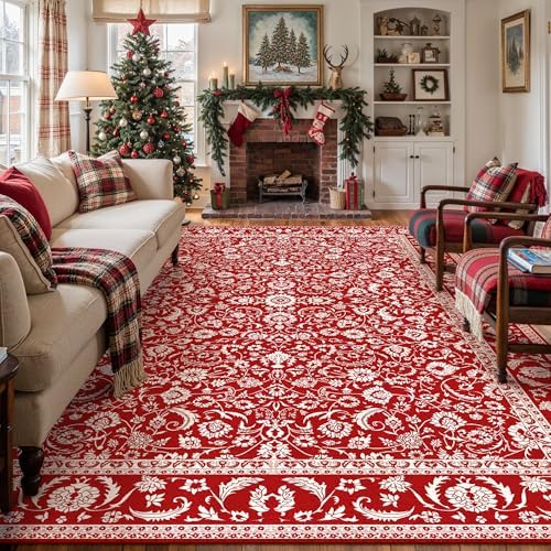 HUGEAR 6x9 Christmas Red Floral Washable Area Rug for Living Room by HUGEAR