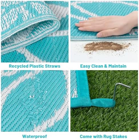 HEBE Waterproof Outdoor Rug 6'x9', Floral Reversible Plastic Patio Rug - Image 4