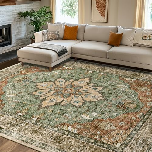 RELEANY Washable Area Rug, 7'x10', Brick/Brown/Green by RELEANY