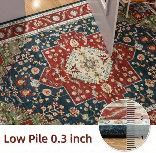 YJ.GWL Area Rugs for Living Room 6x9 Machine Washable Rugs, Non Slip Floral Vintage Rug Indoor Carpet, Stain Resistant Large Rug for Bedroom Dining Room, Red Green - Image 7