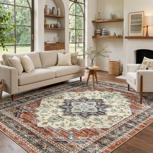 Area Rugs 5x7 Washable Non-Slip Boho Rug for Living Room, Taupe Red - Image 2