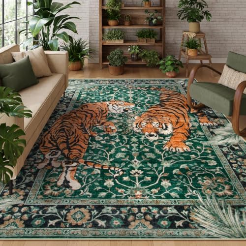Moynesa Tiger Washable Rugs, 8x10 Area Rugs for Living Room, Soft Large Vintage 8x10 Bedroom Green Rug, Botanical Non Slip Ultra Thin Floor Carpet for Dining Room Home Office by Moynesa