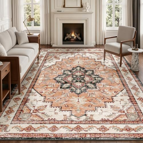 Area Rugs 8x10 Washable Non-Slip Large Boho Rug for Living Room, Orange by tubeamin