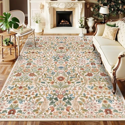 Floral Area Rug 5x7 Washable Botanical Carpet for Living Room by NakedCloud