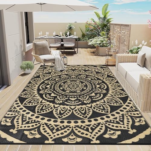 Bsmathom Waterproof Outdoor Rug 6'x9' Reversible Boho Plastic Straw Patio Deck Camping Rugs, Indoor Outdoor Portable RV Mat Clearance Carpet for Outside, Porch, Balcony, Backyard, Beach, Pool,Black by Bsmathom