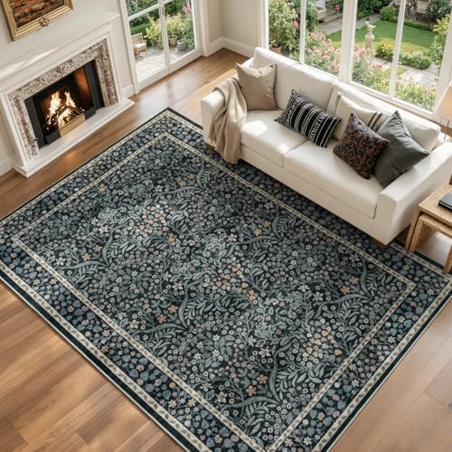 Lofus Black Boho Floral Rug 6x9, Washable Large Living Room Area Rugs by Lofus