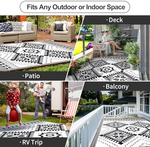Waterproof Outdoor Rug 5x8ft, Boho Reversible Plastic Straw Mat for Patio RV Deck Porch Backyard Balcony Camping Picnic Beach Indoor Outdoor Carpet, Black&White - Image 4