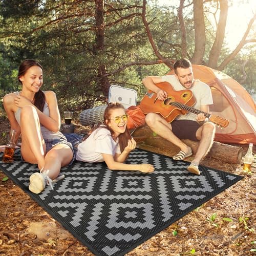 GENIMO Outdoor Rug 3'x5' Waterproof for Porch, Plastic Door Mat Black Grey - Image 6