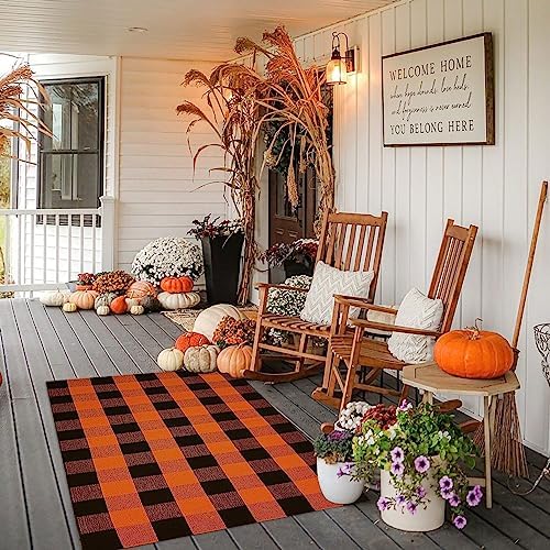 Fall Outdoor Rug Orange Buffalo Plaid Outdoor Rug Cotton Hand-Woven Buffalo Check Rug Layered Doormats for Front Door/Front Porch/Farmhouse/Entryway/Patio (Orange and Black Plaid, 3' x 5') - Image 2