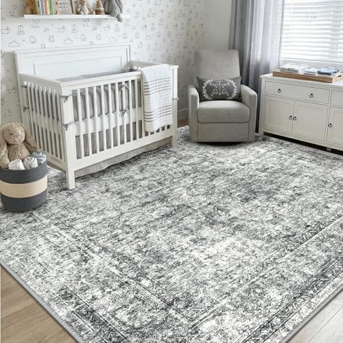 CAPALOCA Square 6ft Washable Nursery Girls Low Pile Area Rug Grey by CAPALOCA
