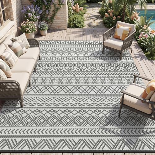 MontVoo Outdoor Rug Carpet Waterproof 10x14 Outdoor Patio Rug Mat Reverisble Plastic Straw Outdoor Rugs for RV Camping Picnic Beach Balcony Boho Grey Large by MontVoo