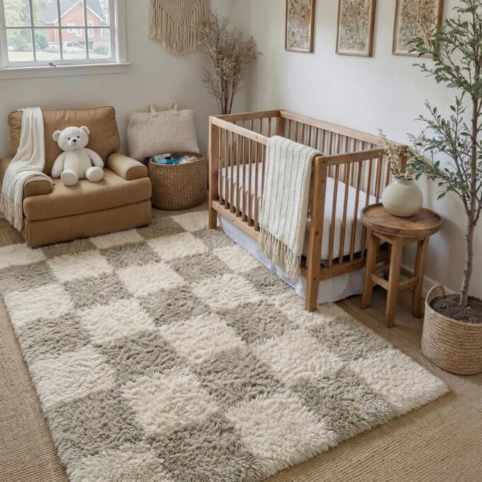 PureCozy Grey 4x6 Area Rug for Kids Room Soft Fluffy Checkered Shag Carpet by PureCozy
