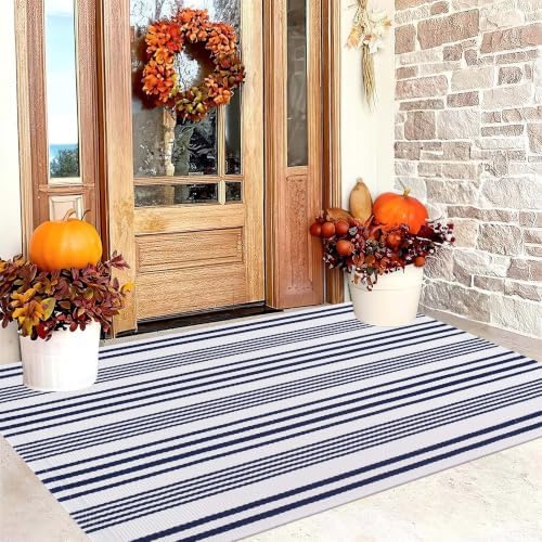 BUAGETUP Washable Outdoor Rug 3'x 5',Blue and White Cotton Front Porch Rug - Image 2