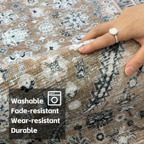 5x7 Beige Brown Washable Area Rug for Living Room, Vintage Print - Image 5