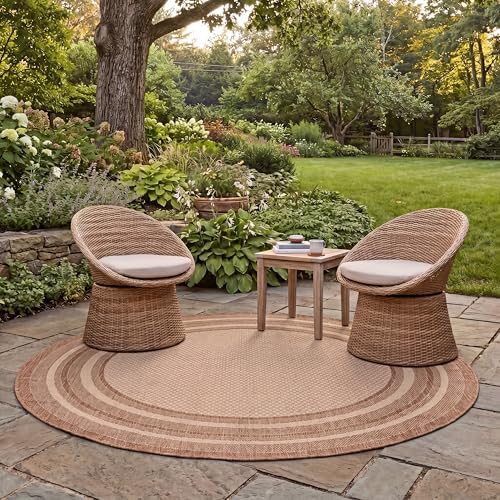 SAFAVIEH Washable Rug Outdoor Courtyard Collection - 6'7" Round, Beige & Dark Beige, Non-Shedding & Easy to Clean, Ideal for Patio, Backyard, Deck, Mudroom (CY8475-39312) by Unknown
