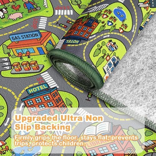 Upgrade Ultra Non Slip Kids Car Rug, Kids Road Playmat Rug for Toy Cars, Educational Town City Map Washable Carpet for Boy Playroom Bedroom, Safer Car Track Play Mat for Children Baby Toddler, 40"x24" - Image 2