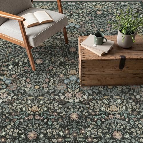 Black Floral Living Room Rug 5x7 Area Rug - Vintage Forest Washable Rug for Dining Room, Bedroom, Ultra Soft Low Pile Non Slip Stain Resistance Distressed Boho Farmhouse Flower Carpet - Image 7