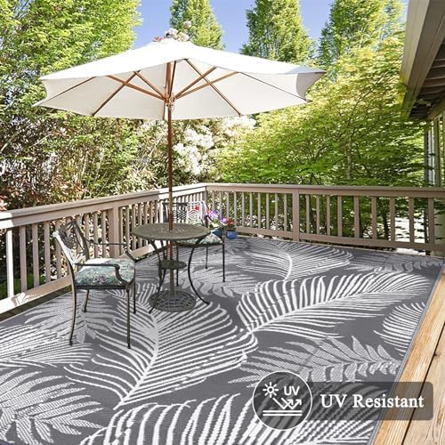 Pauwer Waterproof Outdoor Rug 9x12, Plastic Straw Patio Rug, Leaf Grey - Image 4