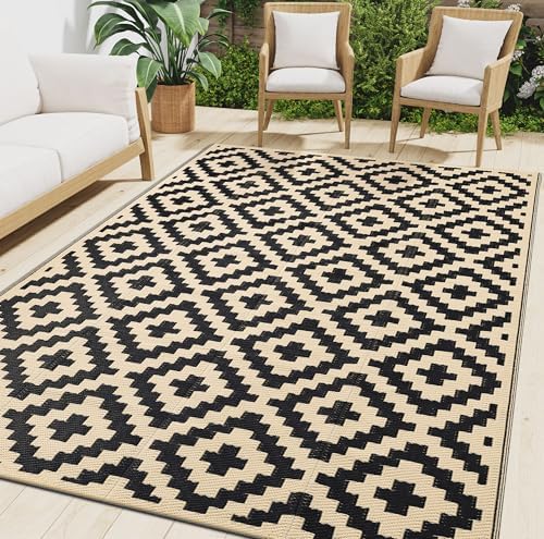 Smiry Outdoor Rug 10x14 ft Waterproof Reversible Boho Mat, Black & Beige by Smiry