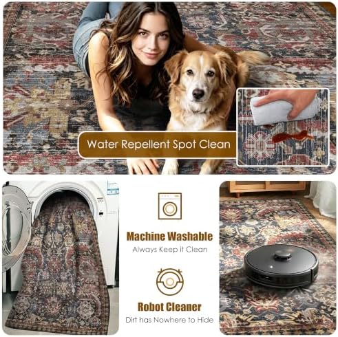 RUGSURE Washable Area Rugs - Perfect for Living Room, Bedroom, Kids Room, Nursery - Stain & Water Resistant Non-Slip, Pet & Child Friendly, Vintage Tribal Area Rugs (Rust, 9' x 12') - Image 7