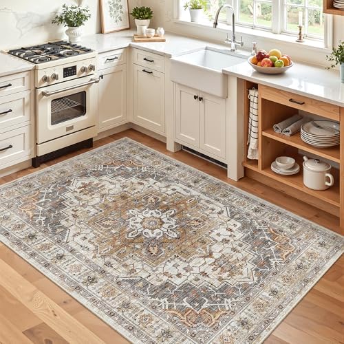 Madane Area Rug 3x5, Washable Vintage Entry Rugs for Bedroom, Turmeric/Grey - Image 2