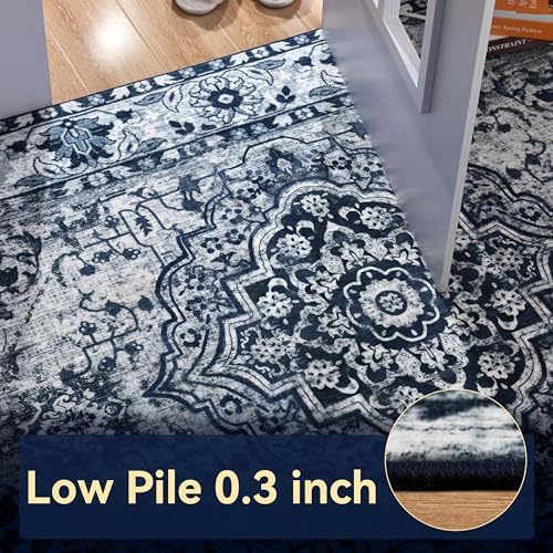 YJ.GWL Area Rugs for Living Room 6x9 Machine Washable Rugs, Non Slip Floral Vintage Rug Indoor Carpet, Stain Resistant Large Rug for Bedroom Dining Room, Navy Blue - Image 6