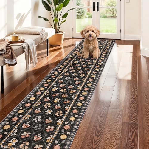 Washable Kitchen 2x10 Runner Rug: Non-Slip Long Hallway Entryway Rugs Indoor Low Pile Carpet for Bedroom Laundry Stain Resistant Vintage Soft Thin Floor Decor Mat for Bathroom (Floral/Black,2x10) - Image 3