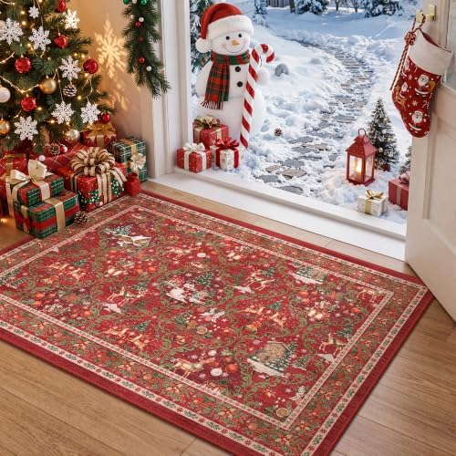 Christmas Area Rug 2x3, Washable Rugs for Entrance (2'x3', Red) by Restydon