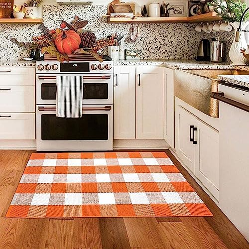 Fall Outdoor Rug Orange Buffalo Plaid Outdoor Rug Cotton Hand-Woven Buffalo Check Rug Layered Doormats for Front Door/Front Porch/Farmhouse/Entryway/Patio(Orange and White Plaid, 27.5'' x 43'') - Image 5