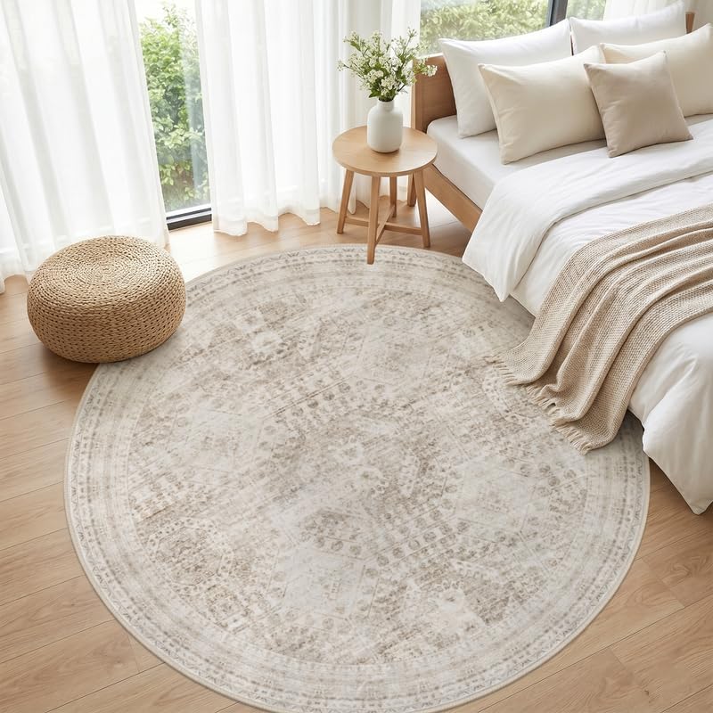 Round Area Rug Living Room: 8ft Neutral Washable Carpet Rug Brown - Image 4