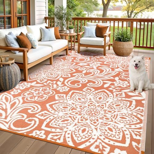 Findosom Waterproof Outdoor Rug 6' x 9' - Reversible Mandala Outdoor Plastic Straw Rug, Durable Foldable Patio Rug for RV, Deck, Balcony, Backyard, Picnic, Porch, Camping, Beach, Orange by Findosom