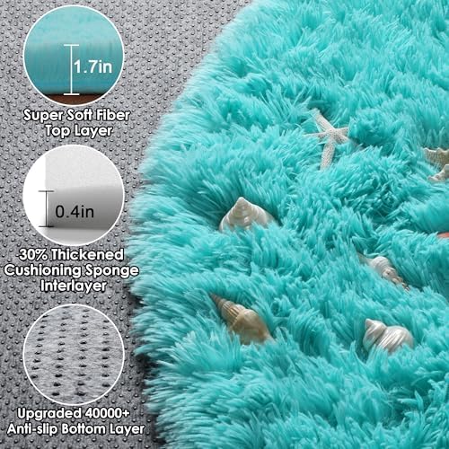 Teal Blue Fluffy Round Rug Circle Area Rugs 4ft for Kids Girls Boys Bedroom - Image 2