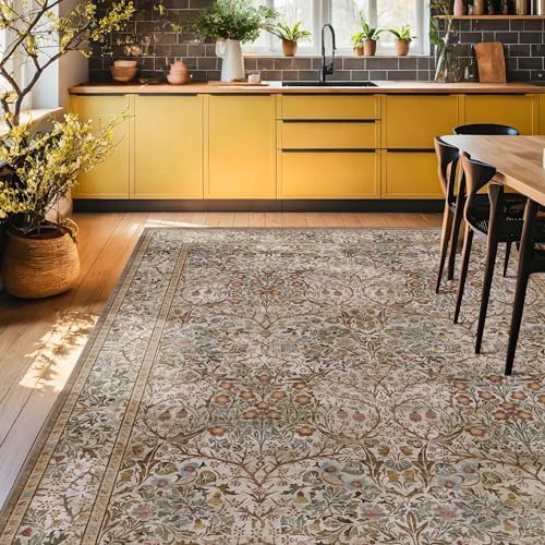 Washable Dining Room Rugs for Under Table - 6x9 Moss Green Oriental Area Rug for Living Room, Low Pile Non-Slip Floor Carpet for Bedroom Under Bed - Vintage Brown Neutral Design & Stain Resistance by HazoHaus