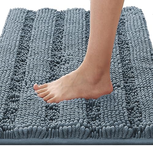 H.VERSAILTEX Bath Rug Non Slip Chenille Striped 17" x 24" Absorbent Soft Shaggy Washable Dry Fast Bath Mat - Stone Blue by HVERSAILTEX
