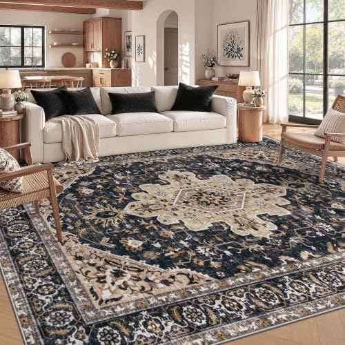 Area Rug 8x10 Vintage Rugs: Large Washable Living Room Rug Retro Medallion Distressed Soft Low Pile Non-Slip Indoor Floor Carpet for Bedroom Kitchen Nursery Dining Office (BeigeBlack, 8'x10') - Image 3