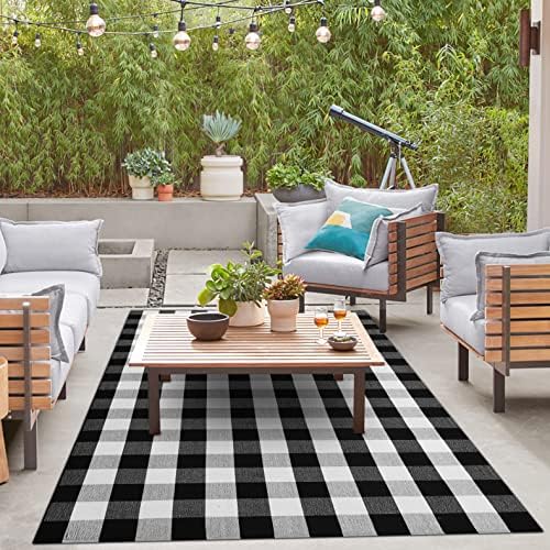IOHOUZE 5x8 Buffalo Plaid Area Rug, Washable Indoor Outdoor, Black White - Image 2