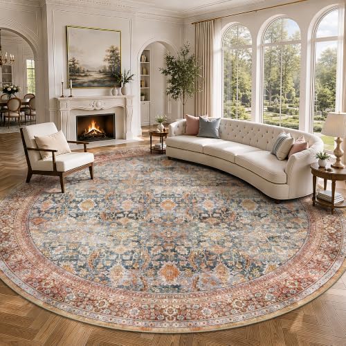 8FT Round Rugs - Washable Vintage Retro Large Area Rug, Soft Ultra Thin Non Slip Low Pile Traditional Distressed Boho Carpet for Bedroom Dining Room Home Office, Rust Clay by Yarooge