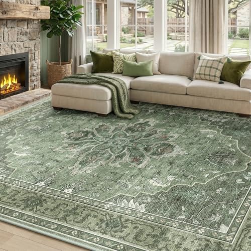 RELEANY Washable Area Rug, 7'x10', Green/Dark Green/Gray by RELEANY