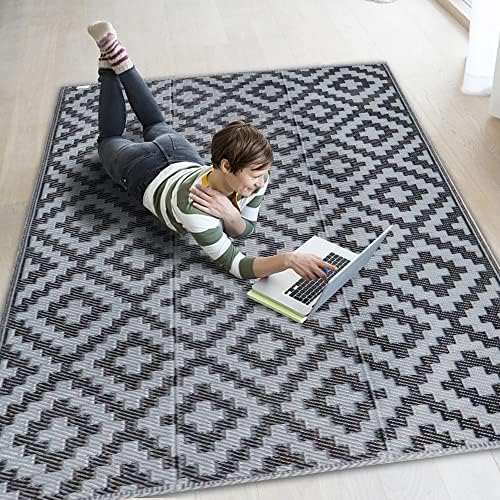 SAND MINE Waterproof Outdoor Rug 4x6 ft, Reversible Mats, Modern Area Rug, Large Floor Mat and Rug for Outdoors, RV, Patio, Backyard, Deck, Picnic, Beach, Trailer, Camping, Black & Grey Lattice by SANDMIND