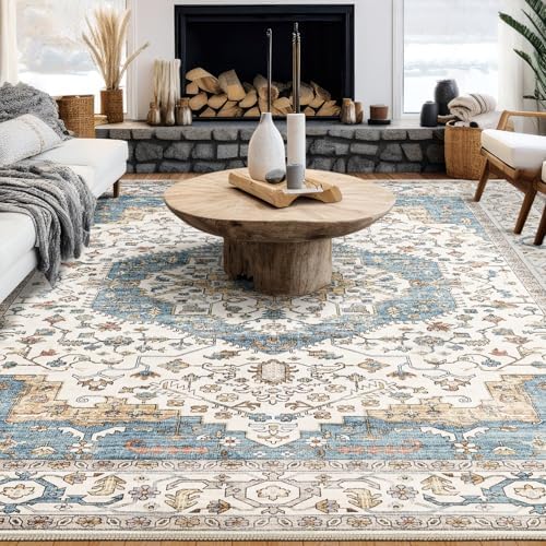 Area Rug for Living Room - 10x12 Soft Washable Oriental Vintage Floral Distressed Large Carpet - Fade Stain Resistant Non Slip Rugs for Bedroom Dining Room Nursery Dorm Office Home Decor - Blue/Beige - Image 2