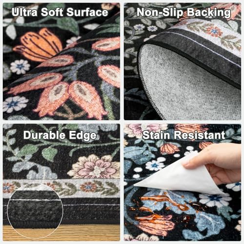 PLHXFR 2x3 Small Entryway Rug: Floral Washable Indoor Carpet Dark Black - Image 7