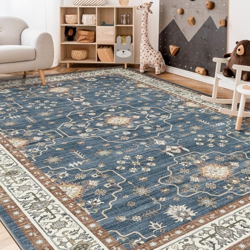 10x14 Area Rug for Living Room- Machine Washable Soft Oriental Vintage Large Indoor Floor Carpet for Bedroom Under Dining Table Home Office Decor - Dark Blue - Image 7