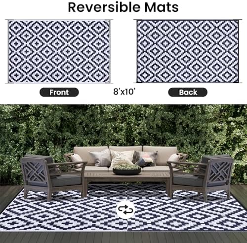 Smiry Outdoor Rug 8x10 ft Waterproof Reversible Boho Mat, White & Navy - Image 3