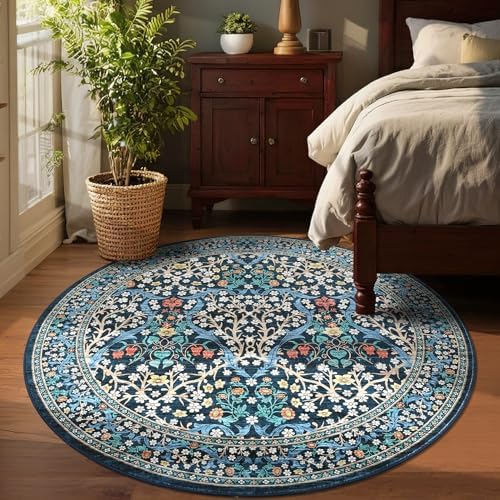 GarveeHome Dark Blue Floral 4 ft Round Rug Washable Non-Slip Soft Low Pile Small Circle Carpet Vintage Rugs for Kitchen Bedroom Nursery Dining Living Room - Image 3