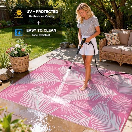 Pauwer Waterproof Outdoor Rug 8x10, Plastic Straw Patio Rug, Leaf Pink - Image 5