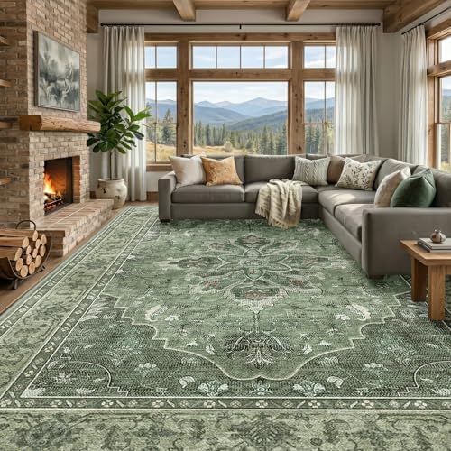 RELEANY Washable Area Rug, Large 10'x14', Green/Dark Green/Gray by RELEANY
