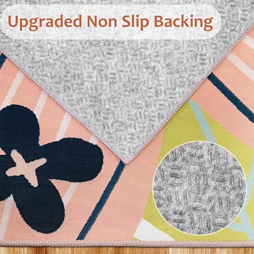 Tyrot Boho Floral Living Room Rug, 5x7 Rug Washable Tropical Botanical Area Rugs Flat Woven Ultra-Thin Non Slip Low Pile Carpet for Bedroom, Dining Room, Office, Kids Room, Pink Green - Image 4