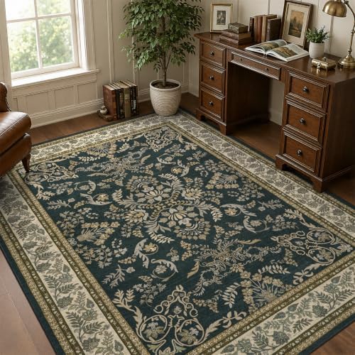 DCX 6x9 Area Rug Living Room: Washable Botanical Carpet Black and Beige - Image 4